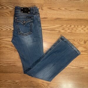 Miss Me Jeans Women 31x34 Blue Denim Boot Rhinestones Studs Thick Stitch Pocket